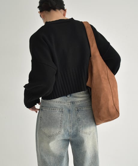 knit-02311　Waist Rib Design Cropped Knit Ecru Mocha Beige Black