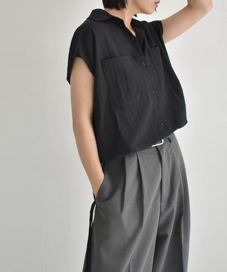 tops-02548　Drawstring Design French Sleeve Shirt　White Beige Black
