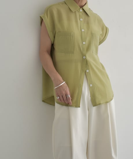 tops-02544　French Sleeve Sheer Shirt  Ecru Beige Green-tea