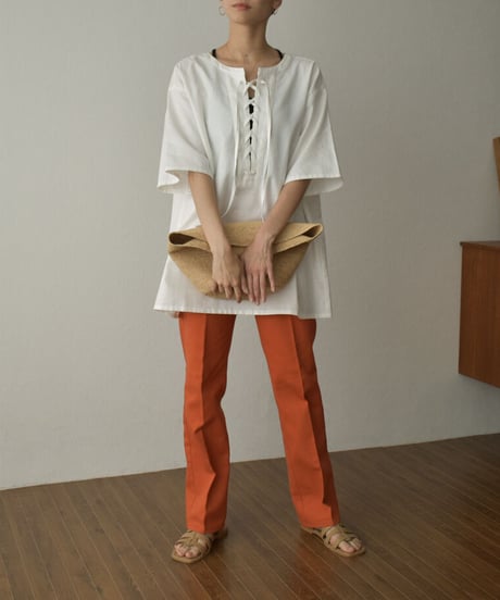 tops-04093  MADE IN JAPAN LINEN MIXED CANVAS LACE-UP PULLOVER