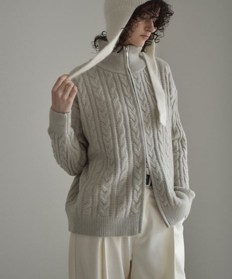 knit-02367 Double Zip Cable Knit Ecru Greige Dark Gray