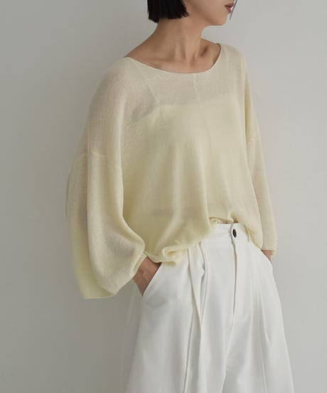 knit-02326　Linen Blend Half Sleeve Mesh Pullover  White Ecru Gray Black