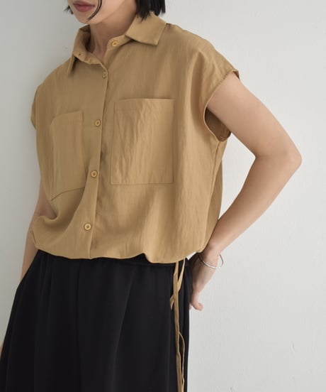 tops-02548　Drawstring Design French Sleeve Shirt　White Beige Black