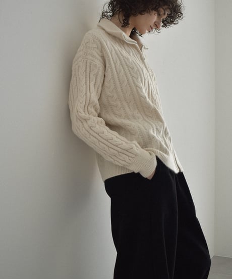 knit-02367 Double Zip Cable Knit Ecru Greige Dark Gray