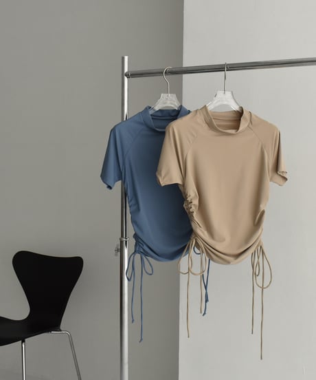 swim-02467　Gathered Design Short Sleeve Rash Guard　Beige　Dusty Blue