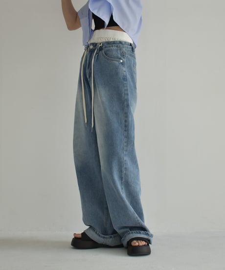 bottoms-02239　Double Waist Denim Light Blue Blue