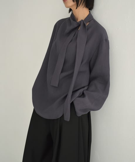 tops-02520 Asymmetrical Bowtie Blouse  Ecru Charcoal