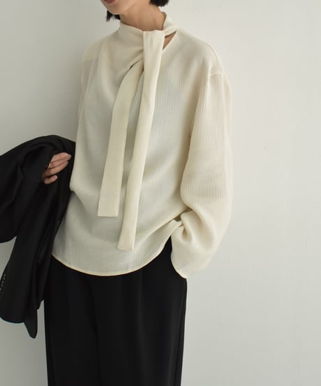 tops-02520 Asymmetrical Bowtie Blouse  Ecru Charcoal