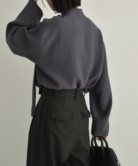 tops-02520 Asymmetrical Bowtie Blouse  Ecru Charcoal