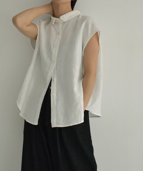 tops-02478　Linen Sleeveless Blouse White Khaki Natural