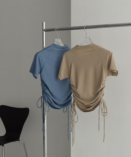 swim-02467　Gathered Design Short Sleeve Rash Guard　Beige　Dusty Blue