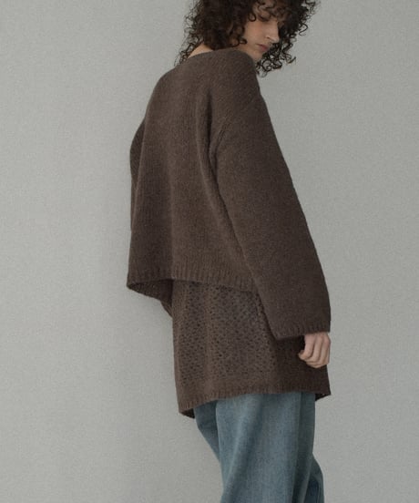 knit-02355　Wrap Crochet Knit & Boat Neck  Knit Pullover  Light-Gray Charcoal Brown