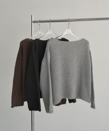 knit-02355　Wrap Crochet Knit & Boat Neck  Knit Pullover  Light-Gray Charcoal Brown