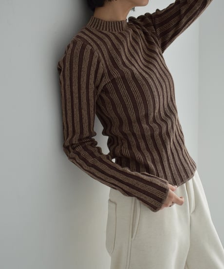 knit-02313　Bicolor Rib Knit Top  Brown Black