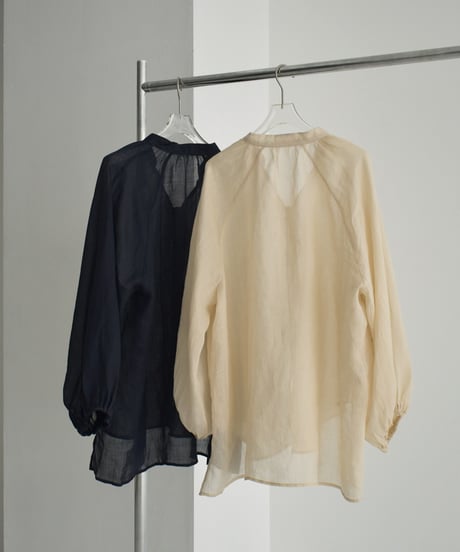 tops-02448　Linen Keyneck Sheer Blouse　Light Beige　Navy