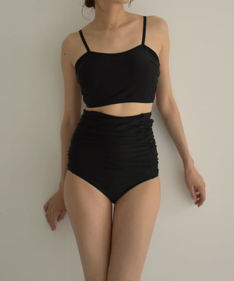 swim-02464　Gathered Design High Waist Bikini Swim Bottoms　Mocha Beige　Black