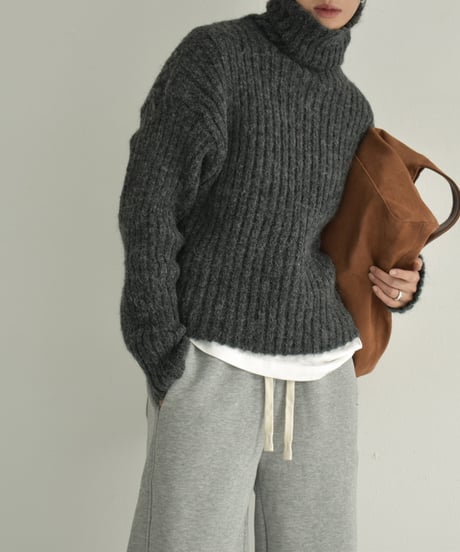knit-02309　Ribbed Turtle Knit Tops Beige Brown Light Gray Dark Gray