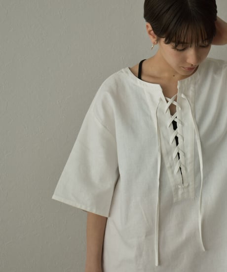 tops-04093  MADE IN JAPAN LINEN MIXED CANVAS LACE-UP PULLOVER