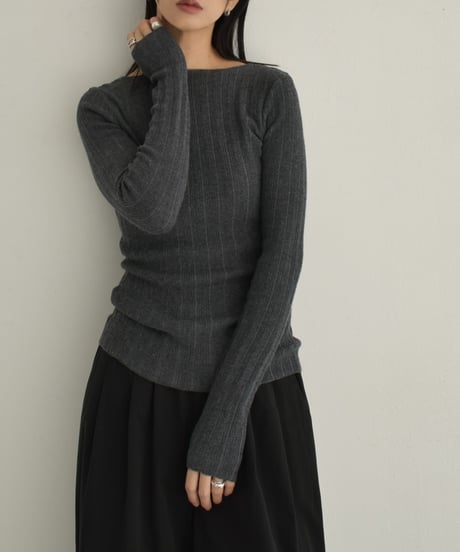 knit-02301　Boat Neck Random Ribbed Knit Off-White Gray