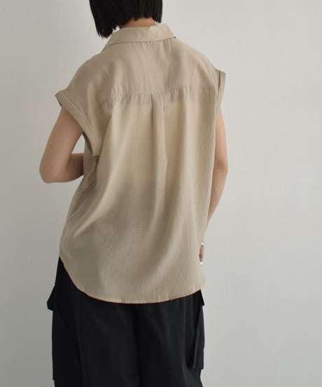 tops-02544　French Sleeve Sheer Shirt  Ecru Beige Green-tea