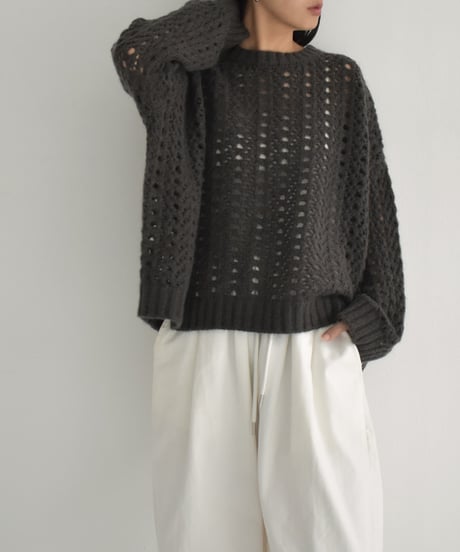 knit-02284　Openwork Knitted Mohair Knit Pullover Ecru Charcoal