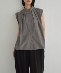tops-02551 Front Tuck Sleeveless Blouse White Charcoal Black