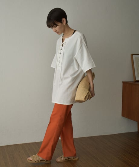 tops-04093  MADE IN JAPAN LINEN MIXED CANVAS LACE-UP PULLOVER