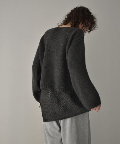 knit-02355　Wrap Crochet Knit & Boat Neck  Knit Pullover  Light-Gray Charcoal Brown