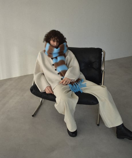 muffler-02023　Border Fringe Muffler Blue×Brown Black×Gray