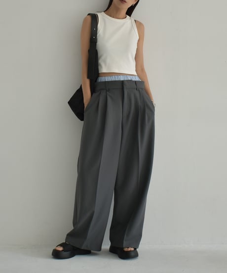 bottoms-12014　Double Waist Tuck Pants Gray