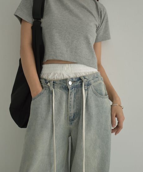 bottoms-02239　Double Waist Denim Light Blue Blue