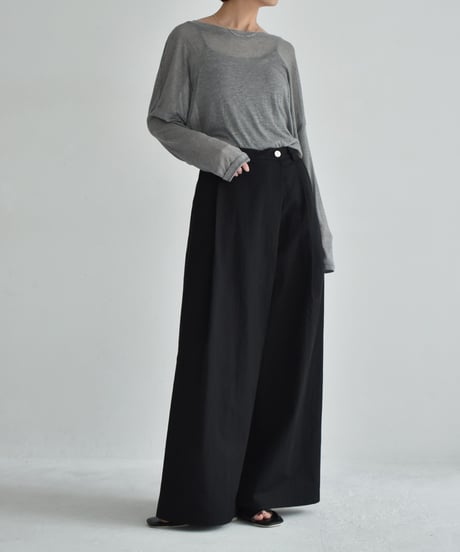 bottoms-02265    Wrap waist tuck wide pants Ecru Khaki-gray Black