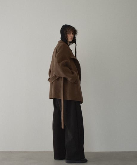 coat-02062  Raglan Sleeve Stand Collar Wool Midi Coat With Reversible Finish　Ecru Brown