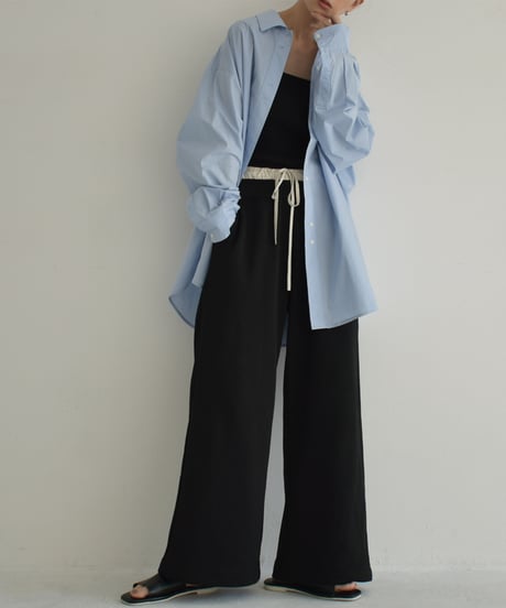 bottoms-02225　Double Waist Sweatshirt Wide Pants Black