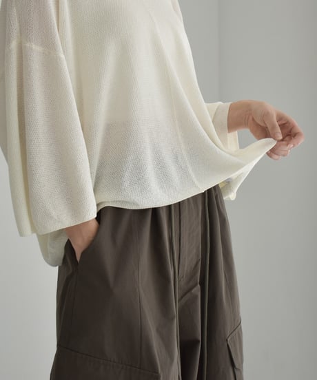 knit-02326　Linen Blend Half Sleeve Mesh Pullover  White Ecru Gray Black