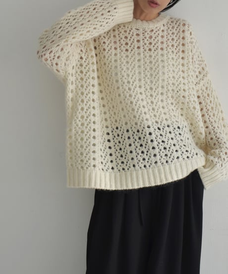 knit-02284　Openwork Knitted Mohair Knit Pullover Ecru Charcoal