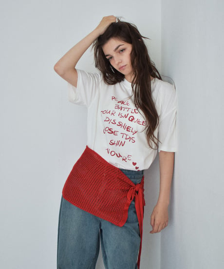 tops-02606 Wrap Knit Attached Message T-Shirt   White Gray
