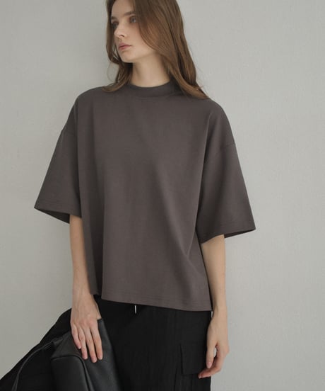nh-tops-02566　Half-Sleeve Mock Neck Tee  Ecru Charcoal Brown