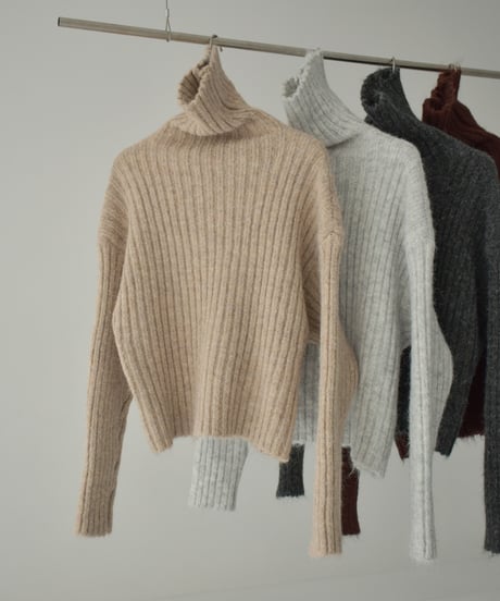 knit-02309　Ribbed Turtle Knit Tops Beige Brown Light Gray Dark Gray
