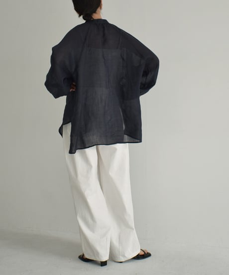 tops-02448　Linen Keyneck Sheer Blouse　Light Beige　Navy