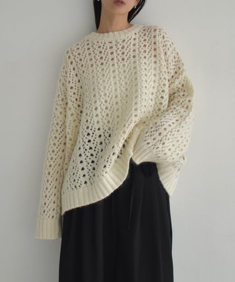 knit-02284　Openwork Knitted Mohair Knit Pullover Ecru Charcoal