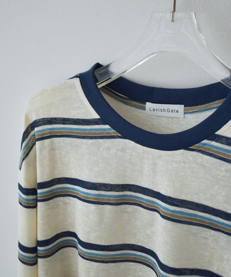 nh-tops-02598   Sheer Border Long Sleeve T-Shirt  Ecru Navy