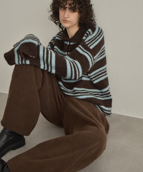 knit-02368 Polo Collar Border Knit Gray Brown
