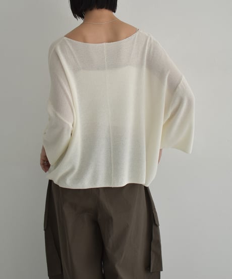 knit-02326　Linen Blend Half Sleeve Mesh Pullover  White Ecru Gray Black