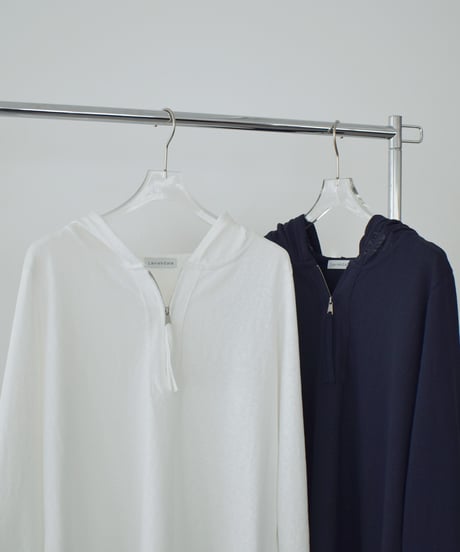 tops-02603 Half-Zip Hoodie Long Sleeve T-Shirt White Navy
