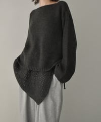 knit-02355　Wrap Crochet Knit & Boat Neck  Knit Pullover  Light-Gray Charcoal Brown