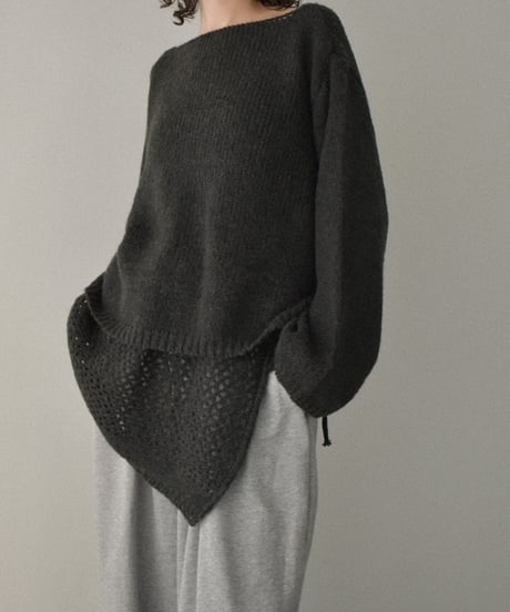 knit-02355　Wrap Crochet Knit & Boat Neck  Knit Pullover  Light-Gray Charcoal Brown