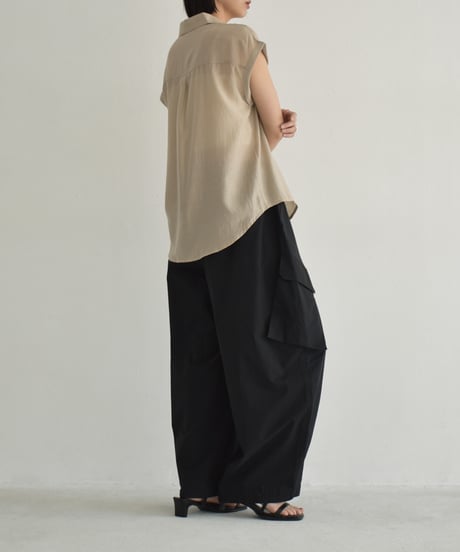 tops-02544　French Sleeve Sheer Shirt  Ecru Beige Green-tea