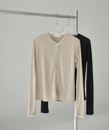 tops-02541　Layered-Like Snap Button Pullover  Beige Black