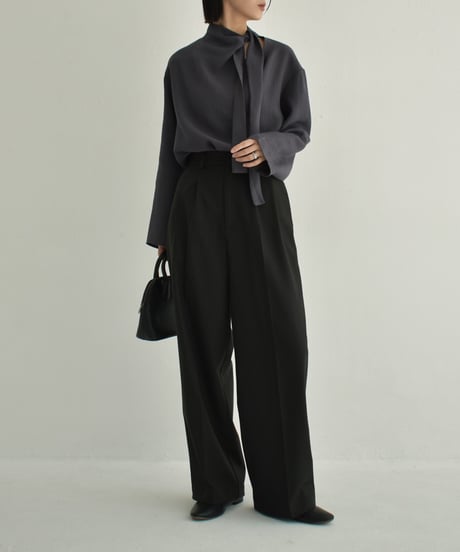 tops-02520 Asymmetrical Bowtie Blouse  Ecru Charcoal